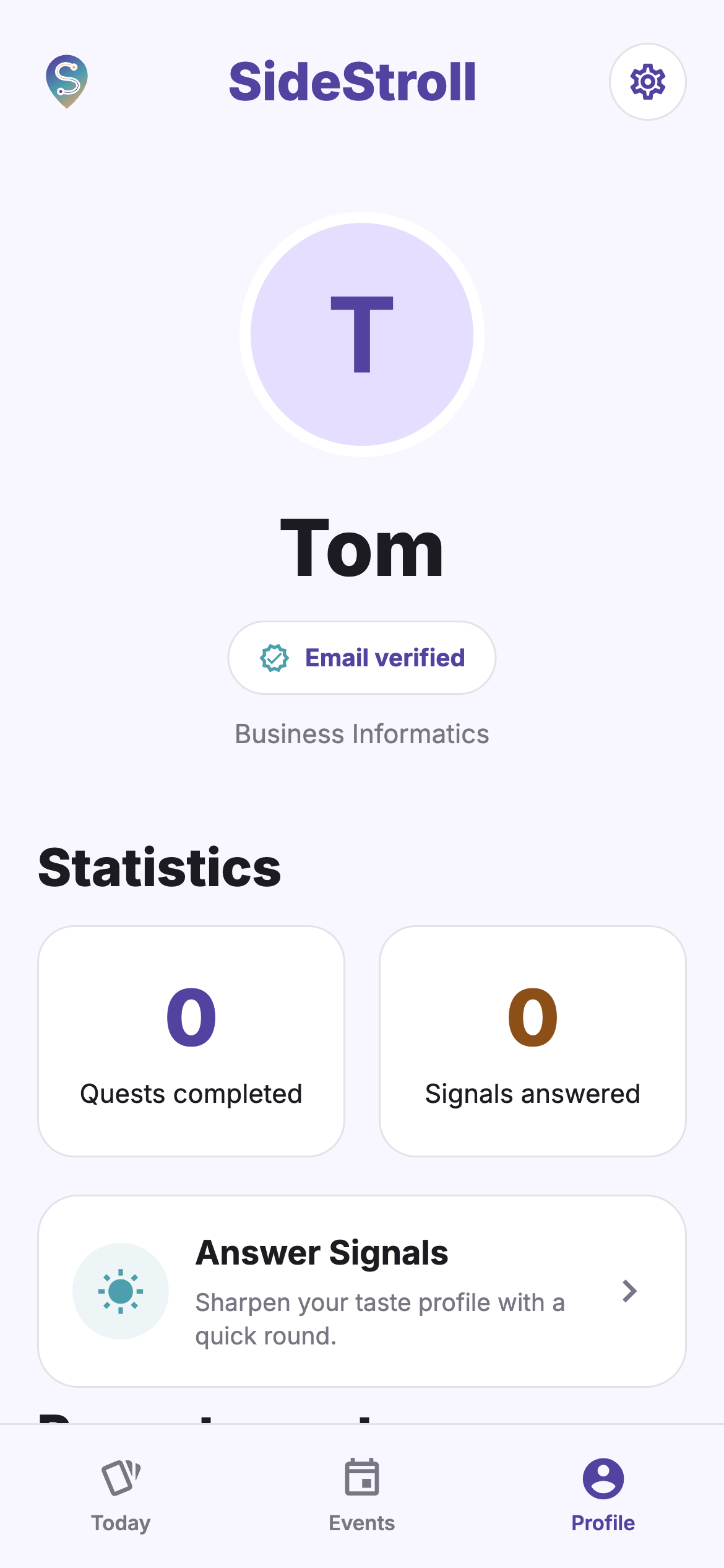 SideStroll profile screen
